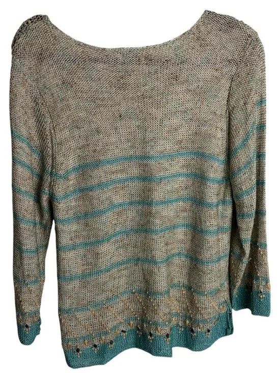 Sigrid Olsen Size Xl Costal Beach Open Knit Beaded Sweater Cream Teal Stripes - Picture 5 of 6